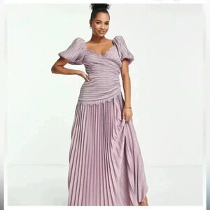 ASOS Puff Sleeve Lace Trim Pleated Skater Dress Light Purple Pastel Goth NWT